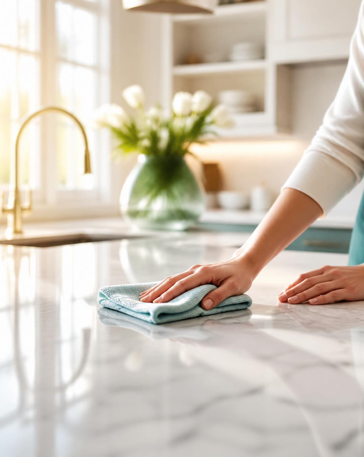 Wiping a marble kitchen counter